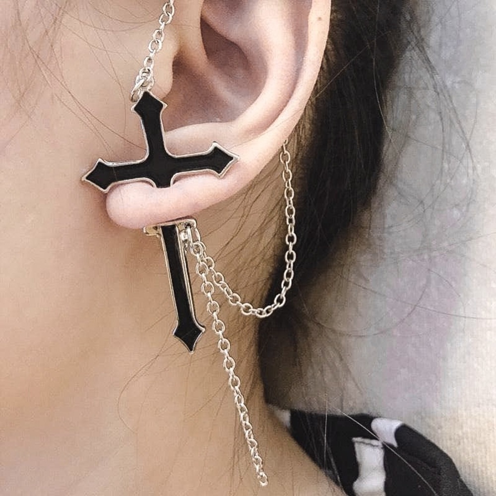 Silver/Black Crucifix Stud w/Matching Jacket Backs & Chain Earrings - Picture 3 of 6